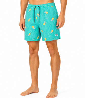 Z MAN FASHION men’s tropical patterned swim shorts in turquoise with pineapple and palm leaf print, elastic waistband with drawstring, above-knee length